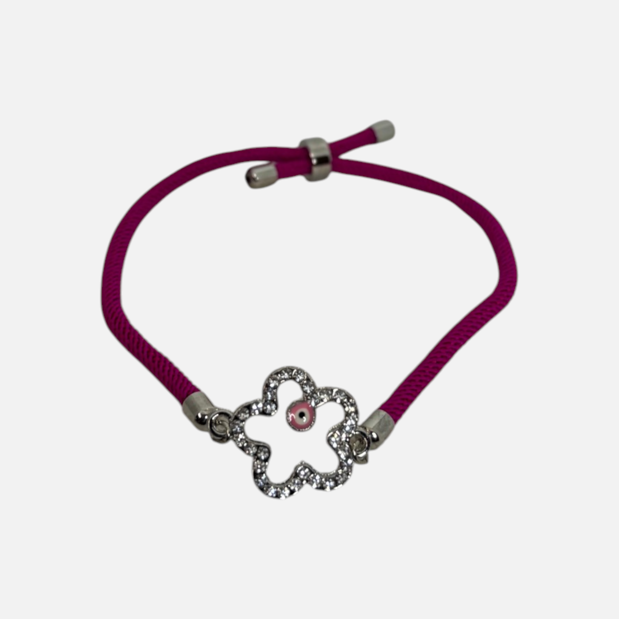 Silver Pink Flower Mati  -  Adjustable Cord Bracelet