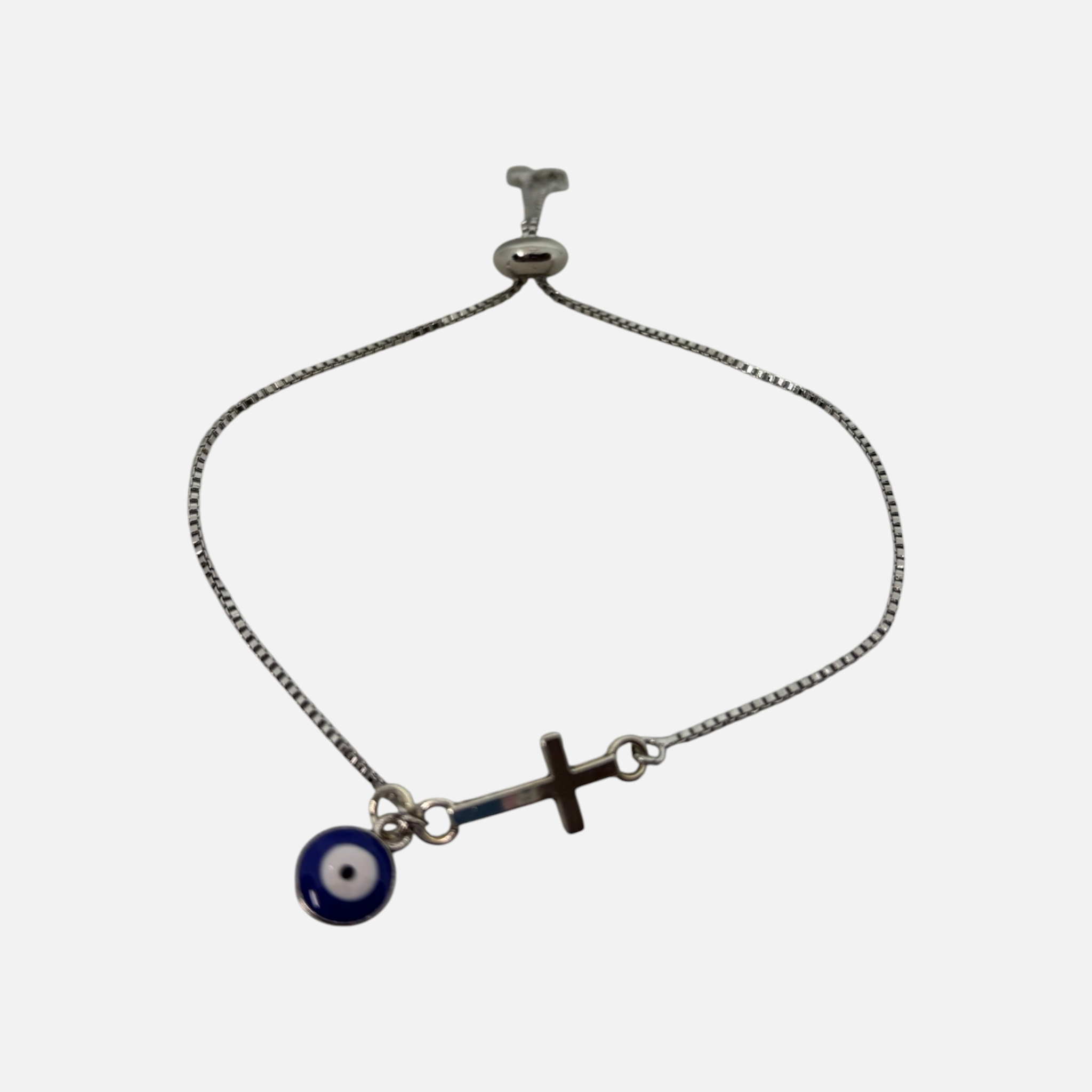 Silver Cross & Blue Mati -  Adjustable Chain Bracelet