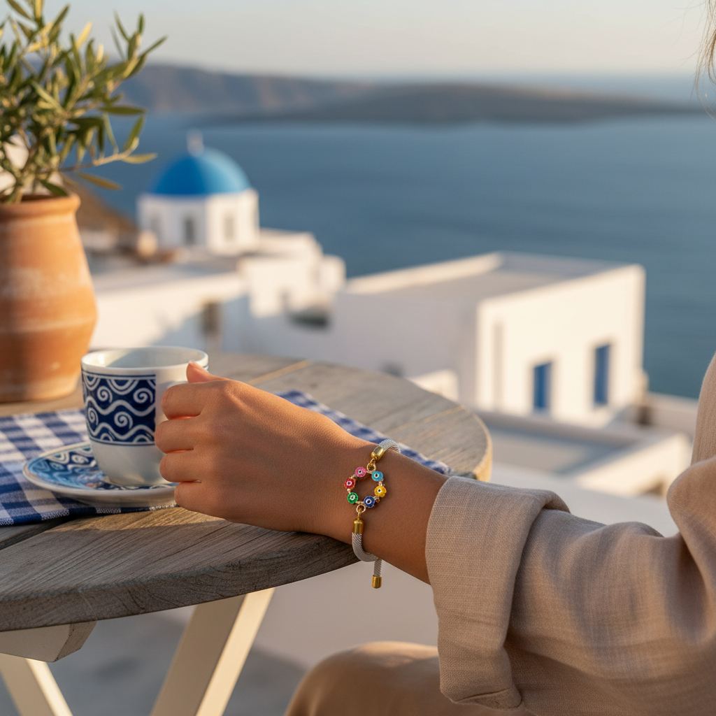 Multi Colour Flower Mati- Adjustable Cord Bracelet - Gold