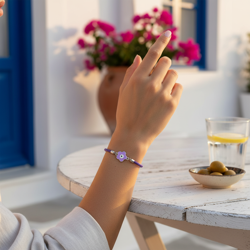 Silver Purple Flower Mati  -  Adjustable Cord Bracelet