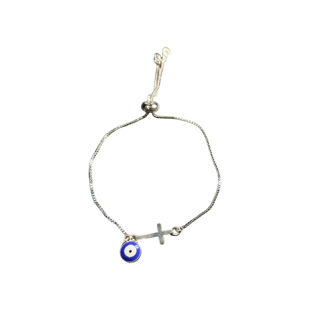 Silver Cross & Blue Mati -  Adjustable Chain Bracelet