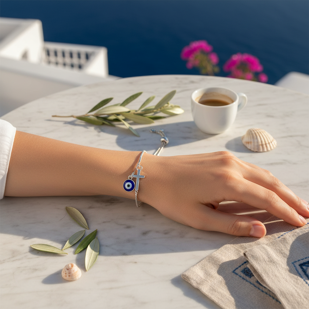 Silver Cross & Blue Mati -  Adjustable Chain Bracelet