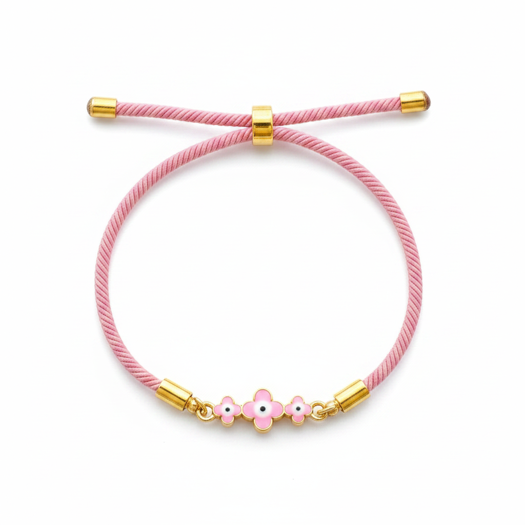 Pink Triple Flower Charm  - Adjustable Cord Bracelet - Gold