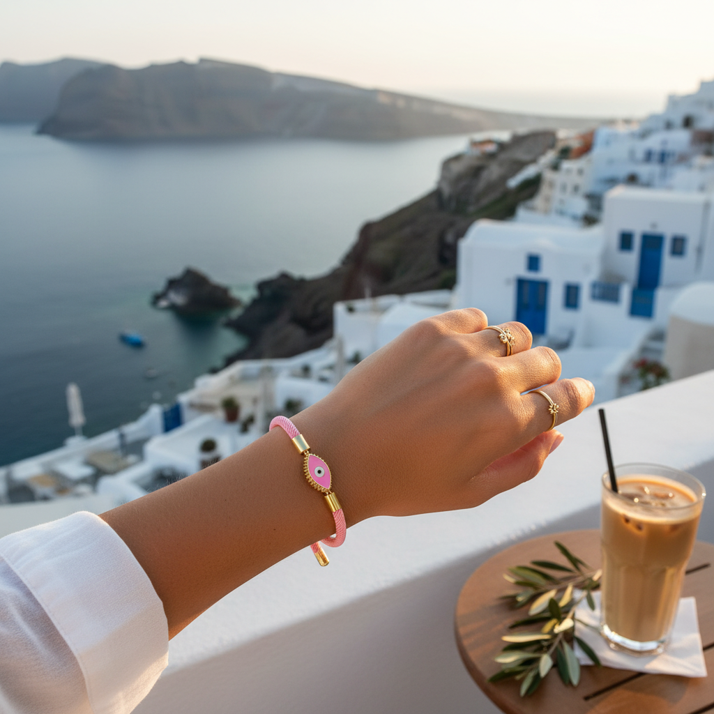 Pink Enamel Mati Adjustable Cord Bracelet - Gold
