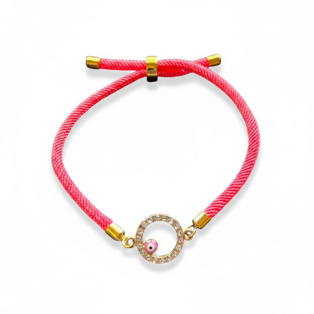 Silver Pink Crystal Halo Mati  Adjustable Cord Bracelet