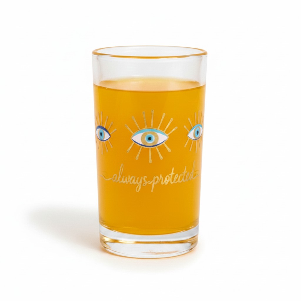 Mati Made clear glass tumbler featuring a blue and gold eye mati motif and the text Always Protected filled with juice