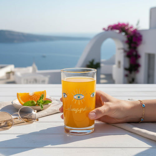 Mati Made Always Protected small glass with blue eye motif filled with orange juice on a sunny Mediterranean terrace.