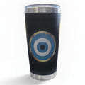 Mati Made matte black stainless steel insulated tumbler featuring a vibrant blue and white evil eye emblem.