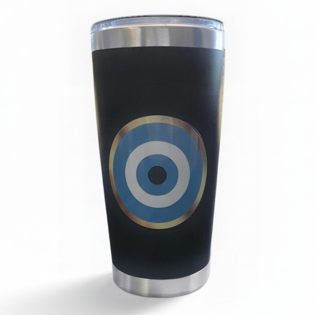 Mati Made matte black stainless steel insulated tumbler featuring a vibrant blue and white evil eye emblem.