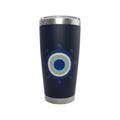 Mati Made black stainless steel insulated tumbler featuring a blue and gold evil eye motif and a spill-resistant lid.