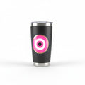 Mati Made matte black stainless steel insulated tumbler with a pink and white circular graphic and clear lid.