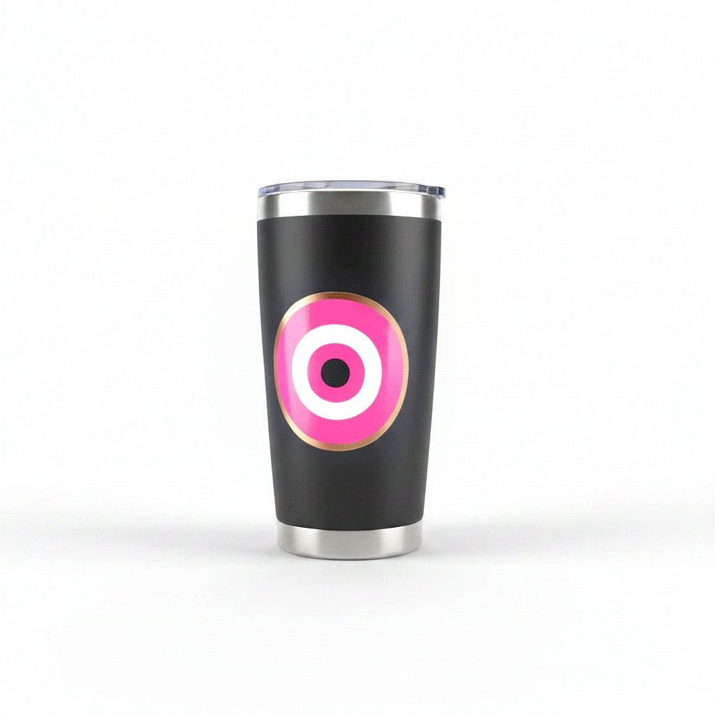 Mati Made matte black stainless steel insulated tumbler with a pink and white circular graphic and clear lid.