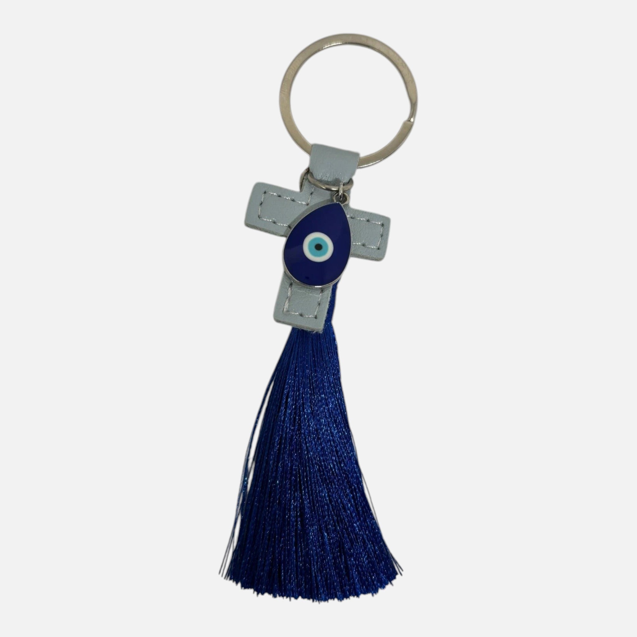Mati Made light blue leather cross keychain with a teardrop evil eye charm and a vibrant deep blue silk tassel.