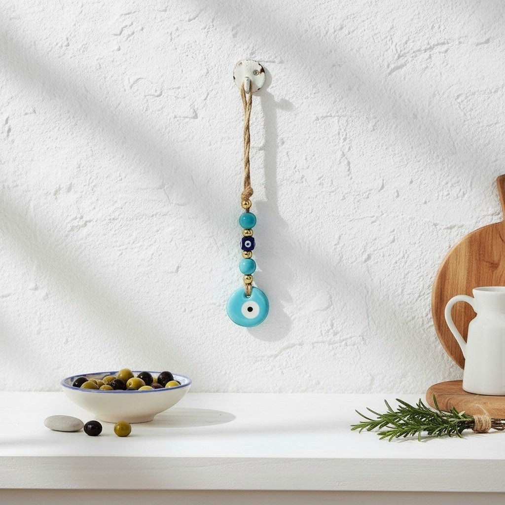 Mati Made handcrafted blue glass evil eye wall hanging charm with rustic jute rope and gold-tone accent beads