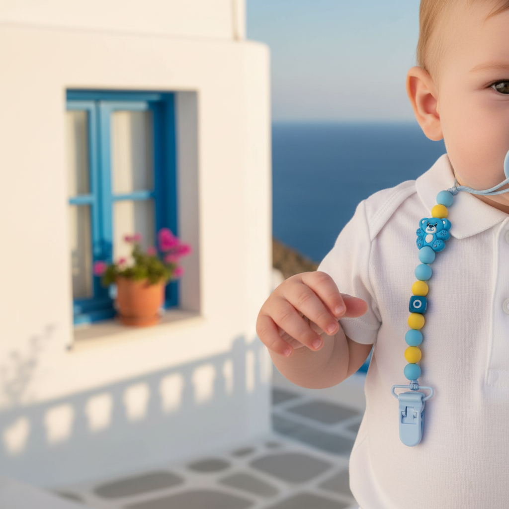 Mati Made handmade pacifier clip with blue teddy bear and yellow silicone beads against a scenic coastal background.