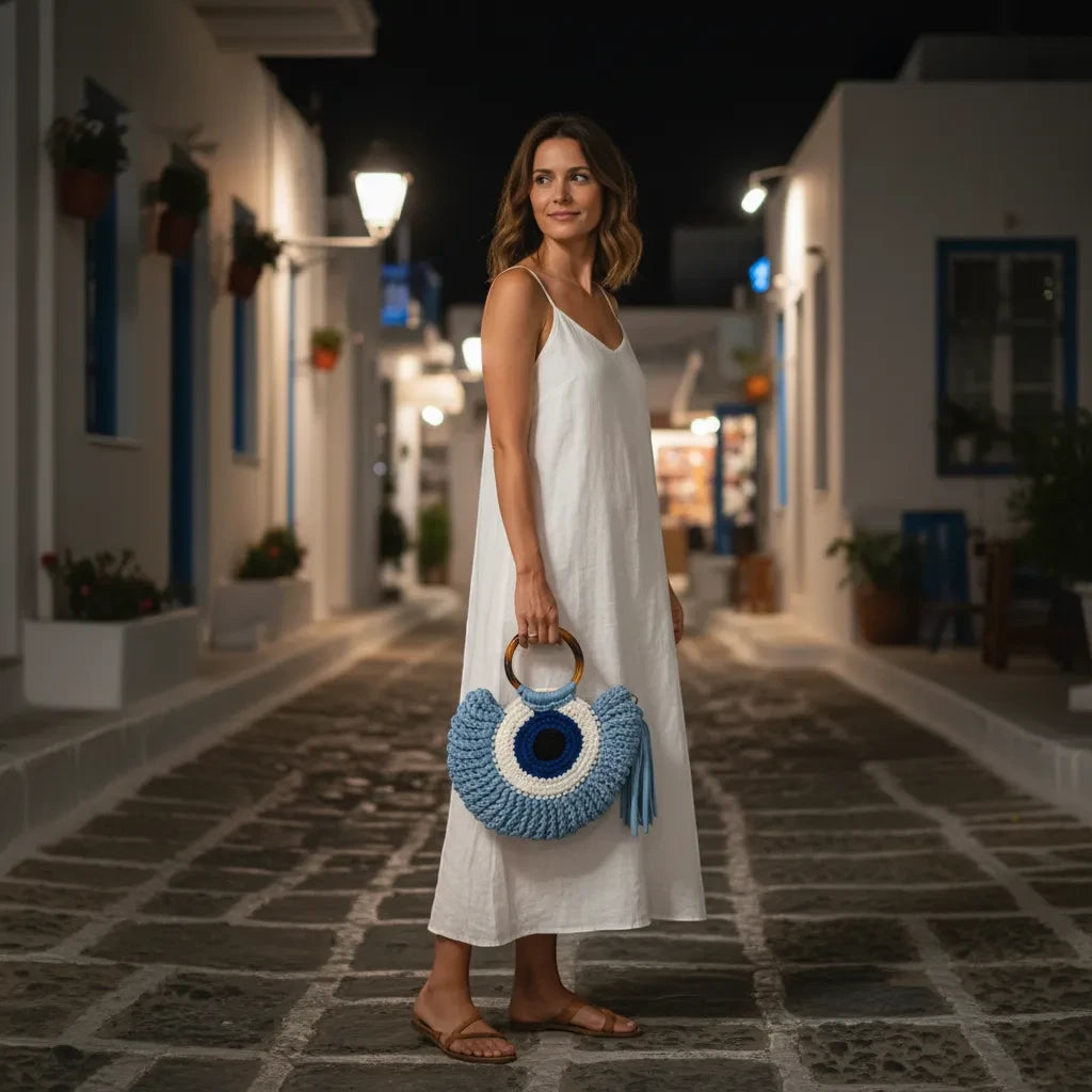 Mati Made crochet evil eye hand bag with tortoiseshell handles and tassel, held by a woman in a white summer dress.