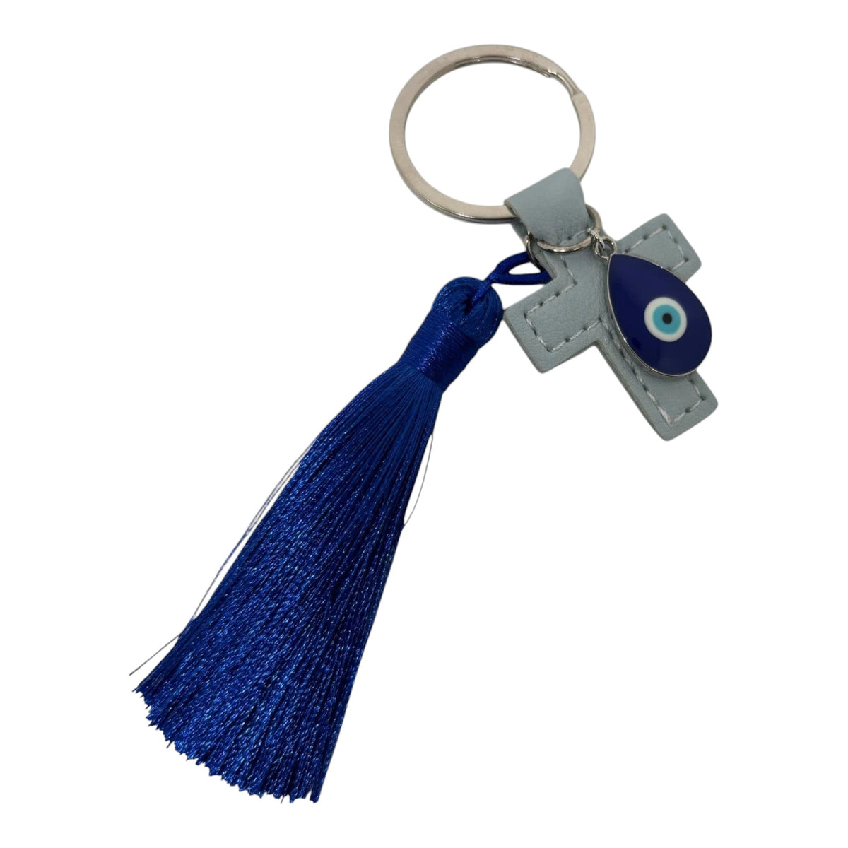 Mati Made light blue leather-look cross keychain featuring a teardrop evil eye charm and a vibrant deep blue tassel.