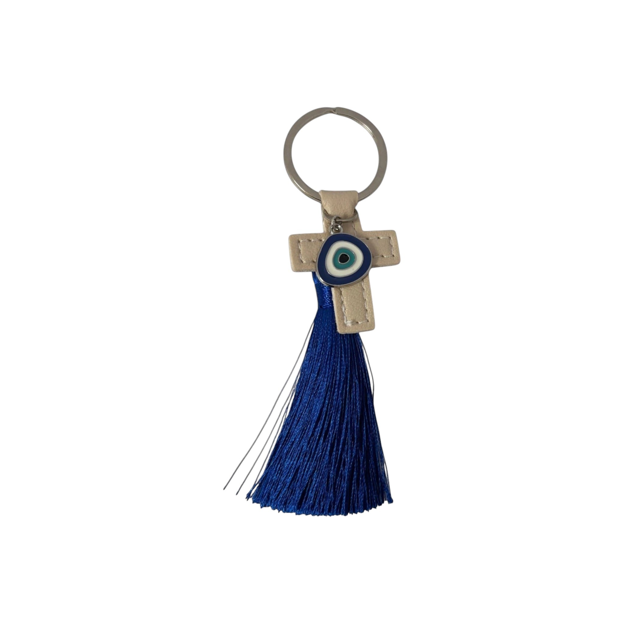 Mati Made beige faux-leather cross keychain with an evil eye charm and a vibrant blue silk-style tassel.