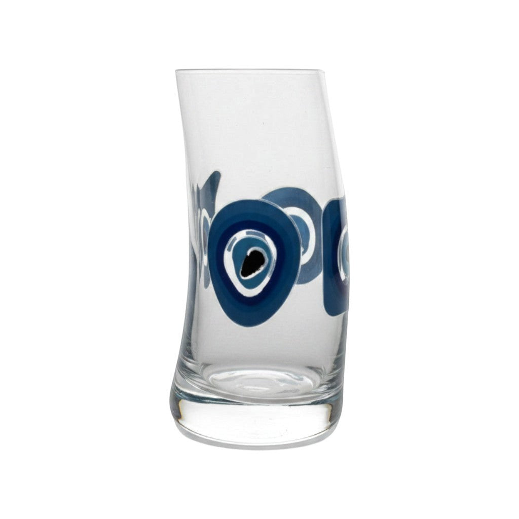 Mati Made clear glass tumbler featuring a curved silhouette and a blue and black evil eye design.