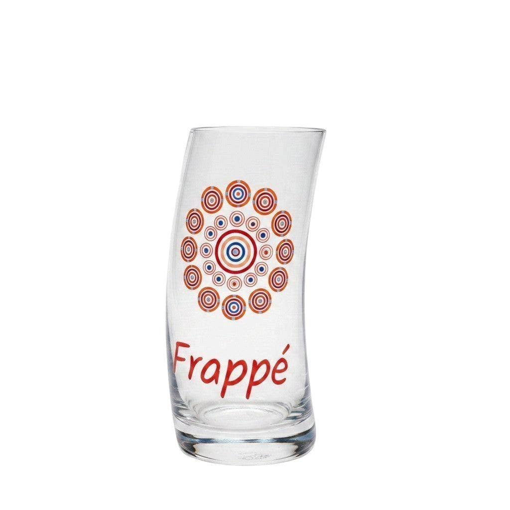 Mati Made clear glass frappé vessel with a curved silhouette and red, white, and blue circular pattern design.