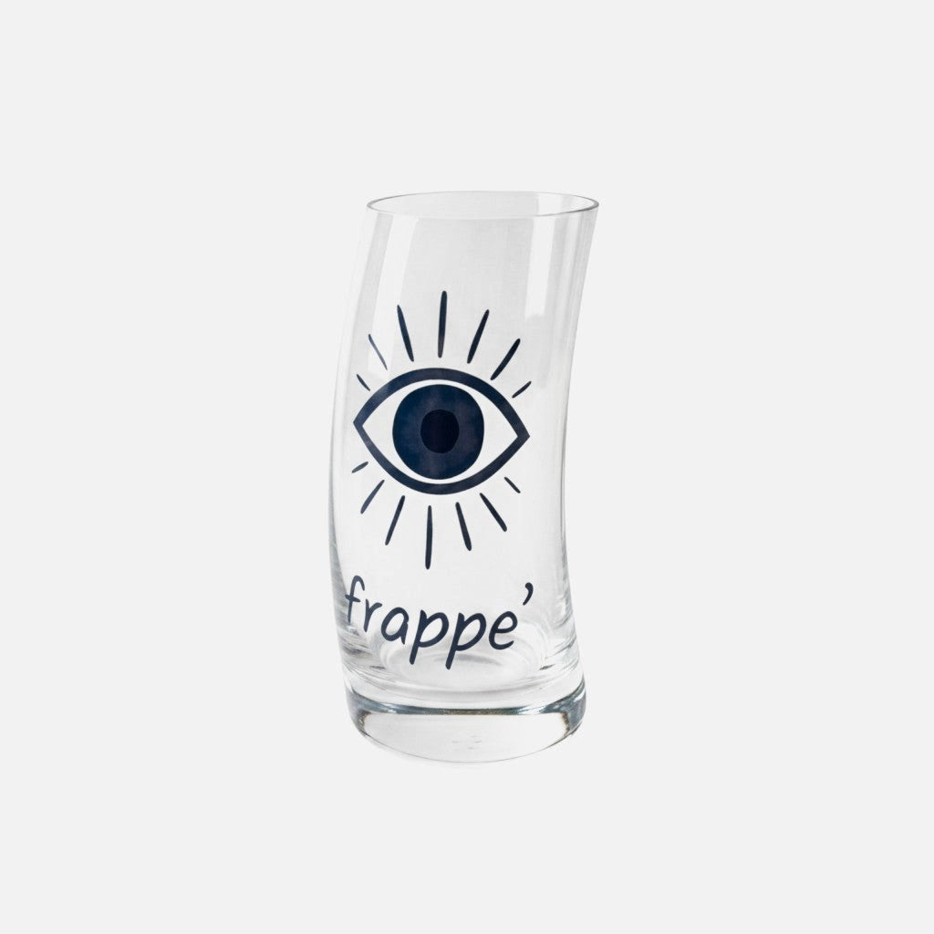 Mati Made clear curved glass for frappe featuring a blue evil eye graphic and modern text on a white background