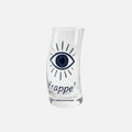 Mati Made clear curved glass for frappe featuring a blue evil eye graphic and modern text on a white background