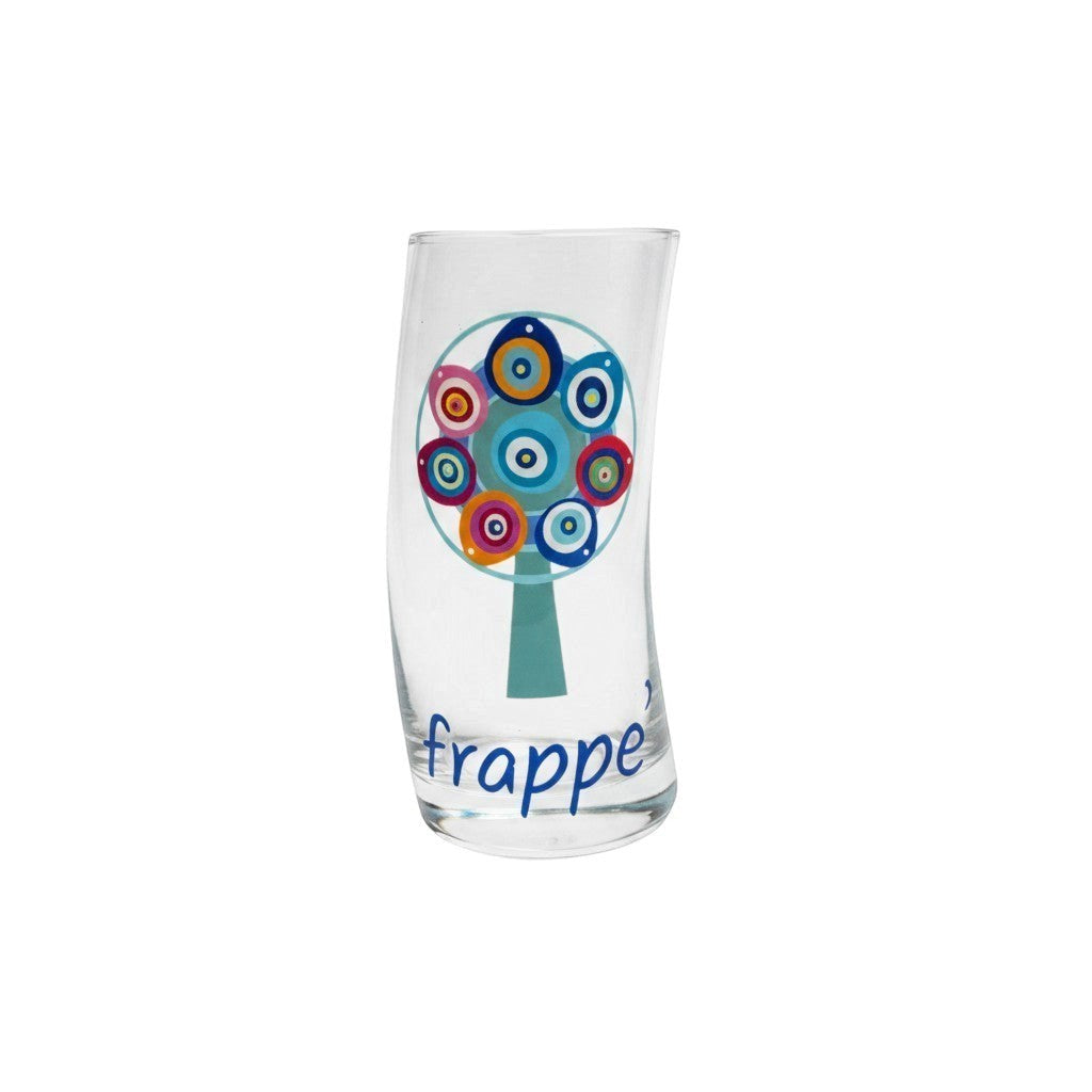 Mati Made clear curved frappe glass featuring a colorful tree motif with circular patterns and blue script text.