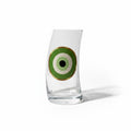 Mati Made curved glass tumbler featuring a green, black, and gold circular graphic decal on clear crystal glass.