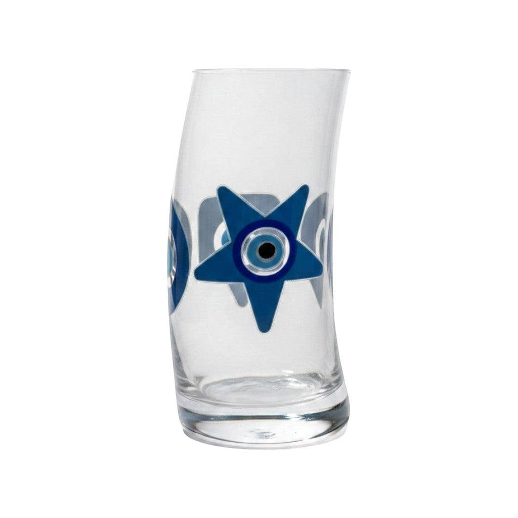 Mati Made clear glass tumbler featuring a blue and black star-shaped evil eye design with a curved silhouette.