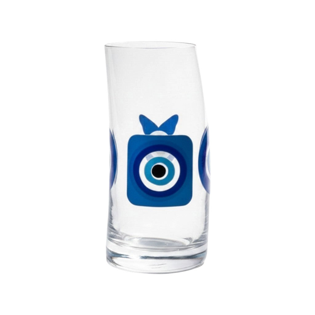 Mati Made clear glass tumbler featuring a blue and black evil eye design with a unique curved silhouette.
