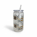 Mati Made clear glass can tumbler featuring a gold and blue evil eye motif, complete with a lid and reusable straw.