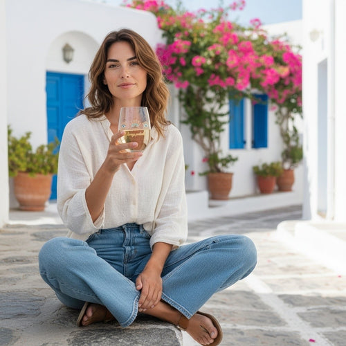 Mati Made stemless wine glass with evil eye motif and gold text held by a woman in a Mediterranean courtyard.