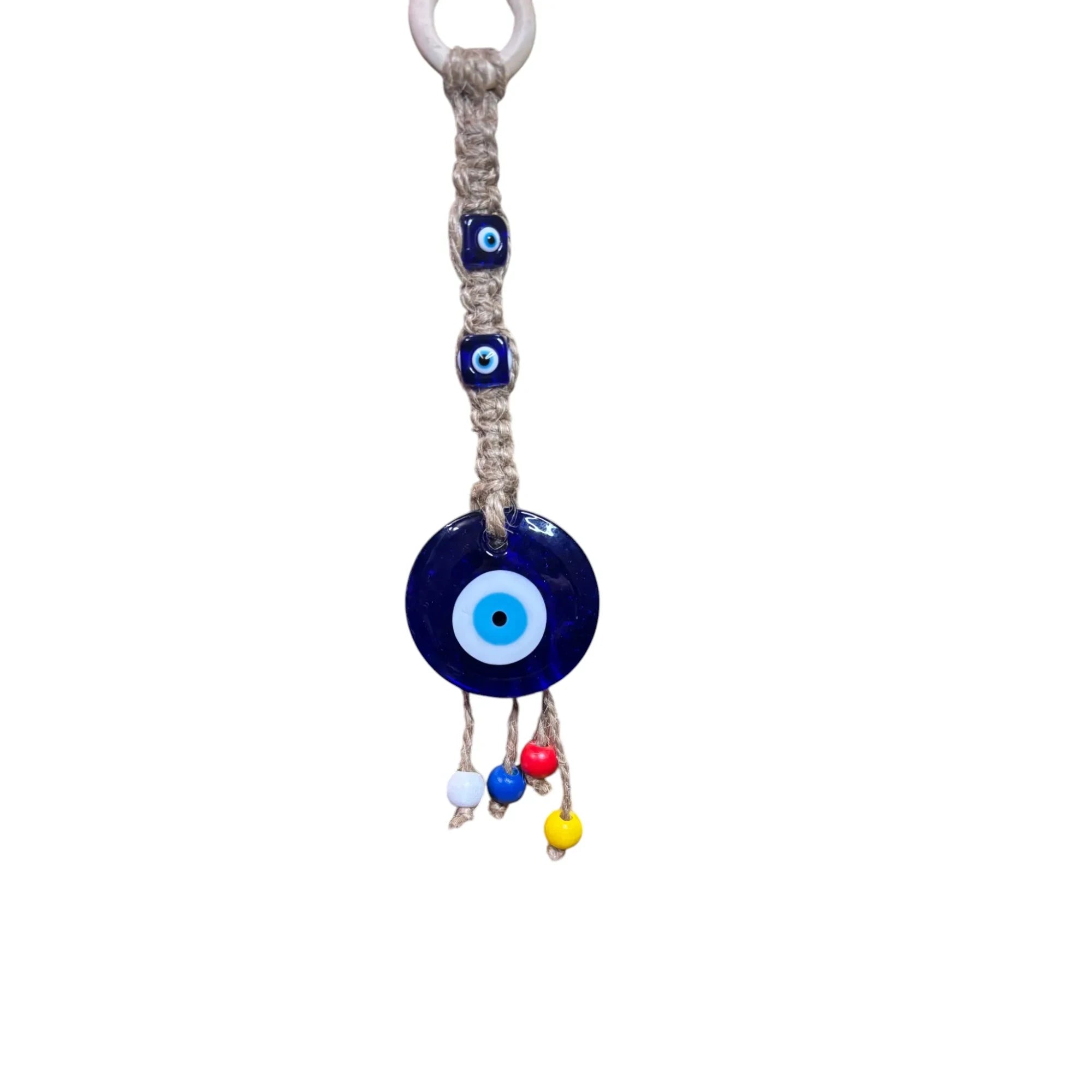 Mati Made handcrafted evil eye wall hanging with blue glass charm, jute macrame cord, and colorful accent beads.
