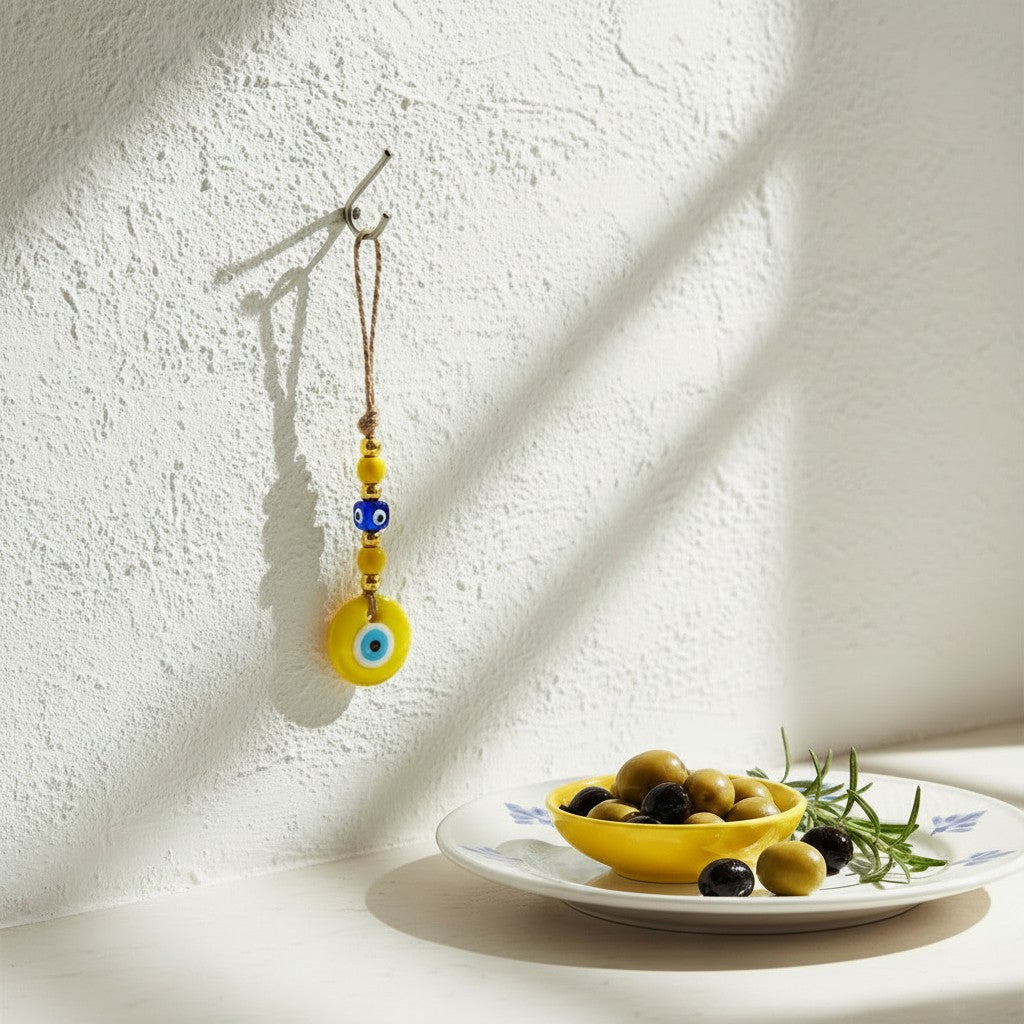 Mati Made evil eye wall hanging ornament with yellow and blue beads on a jute cord, displayed on a white textured wall.