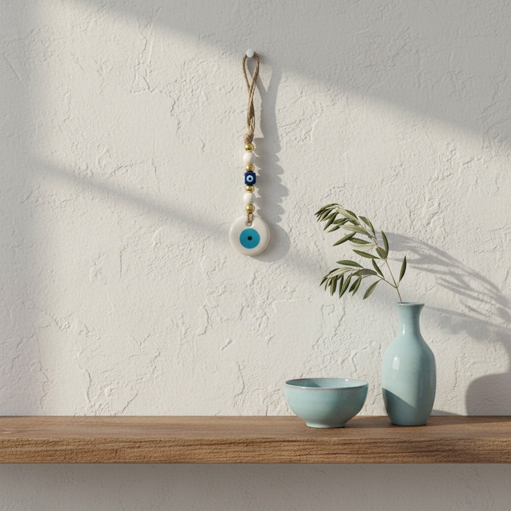Mati Made evil eye wall hanging ornament with jute cord, white and blue beads, displayed on a textured white wall.