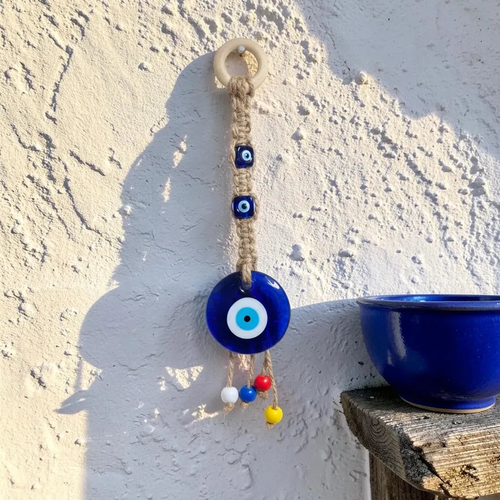 Mati Made handcrafted evil eye wall hanging with blue glass charms, jute macrame cord, and colorful accent beads.