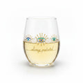 Mati Made stemless wine glass with blue and gold evil eye motif and always protected script text on clear glass.