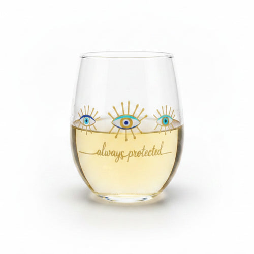 Mati Made stemless wine glass with blue and gold evil eye motif and always protected script text on clear glass.