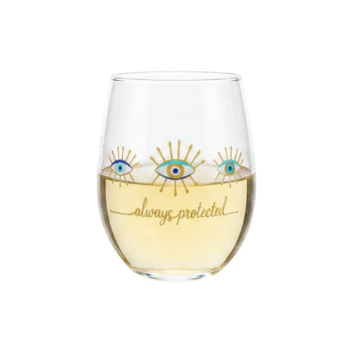 Mati Made stemless wine glass with blue and gold evil eye motif and always protected script text on clear glass.