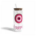 Mati Made clear glass can tumbler with pink evil eye graphic, bamboo lid, and reusable glass straw