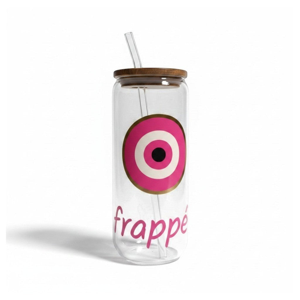 Mati Made clear glass can tumbler with pink evil eye graphic, bamboo lid, and reusable glass straw