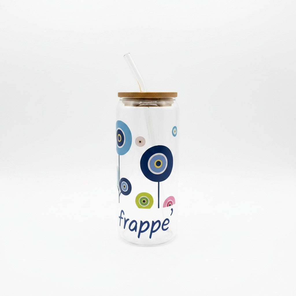 Mati Made clear glass tumbler with evil eye motif, bamboo lid, and glass straw, featuring blue, pink, and green art.