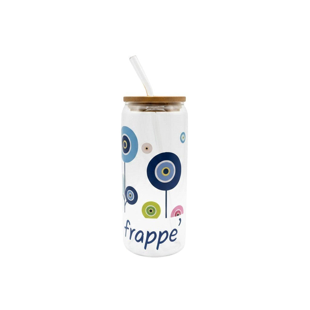 Mati Made clear glass tumbler with evil eye motif, bamboo lid, and glass straw, featuring blue, pink, and green art.