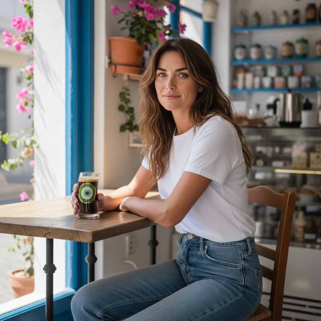 Mati Made curved glass tumbler with green evil eye decal held by a woman sitting at a cafe table with iced coffee.