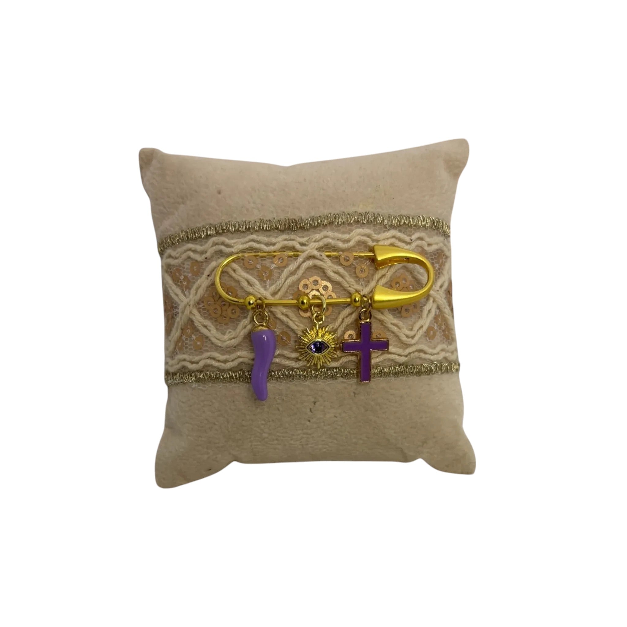Mati Made handcrafted keepsake pin cushion with lace, gold accents, and charms including a purple horn and evil eye.