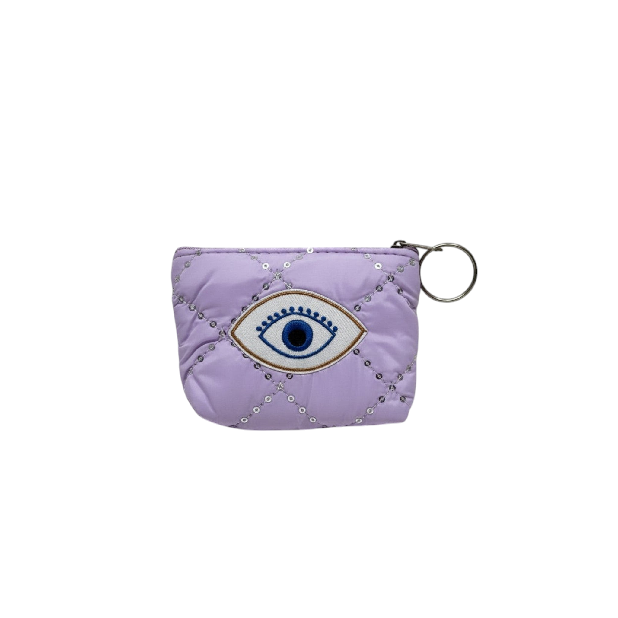Mati Made lavender quilted pouch with a stitched evil-eye motif, sequin detailing, and a silver keyring attachment.