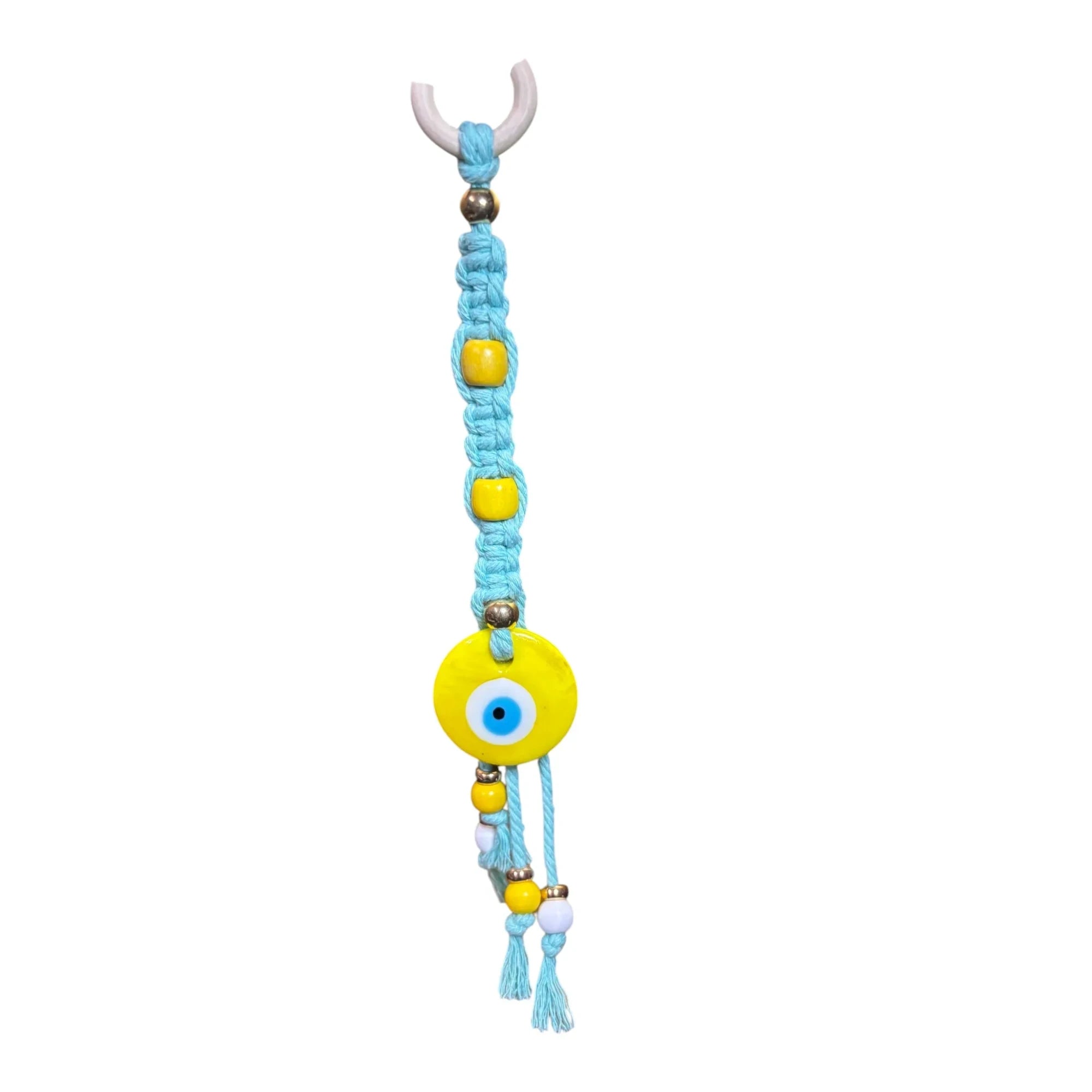 Mati Made handcrafted light blue macrame wall hanging with a yellow evil eye charm and decorative beads.