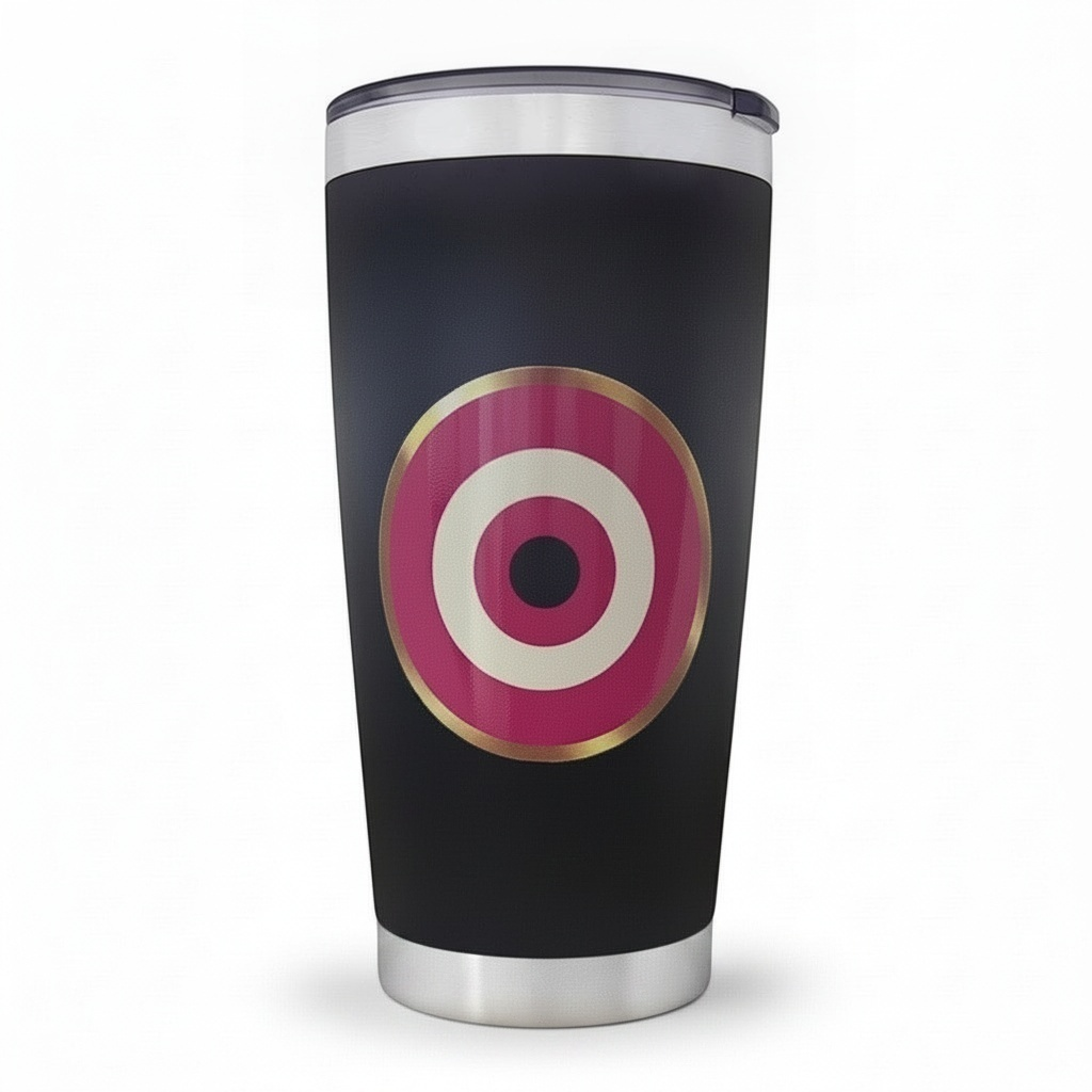 Mati Made matte black stainless steel insulated tumbler featuring a vibrant evil eye emblem and spill-resistant lid.