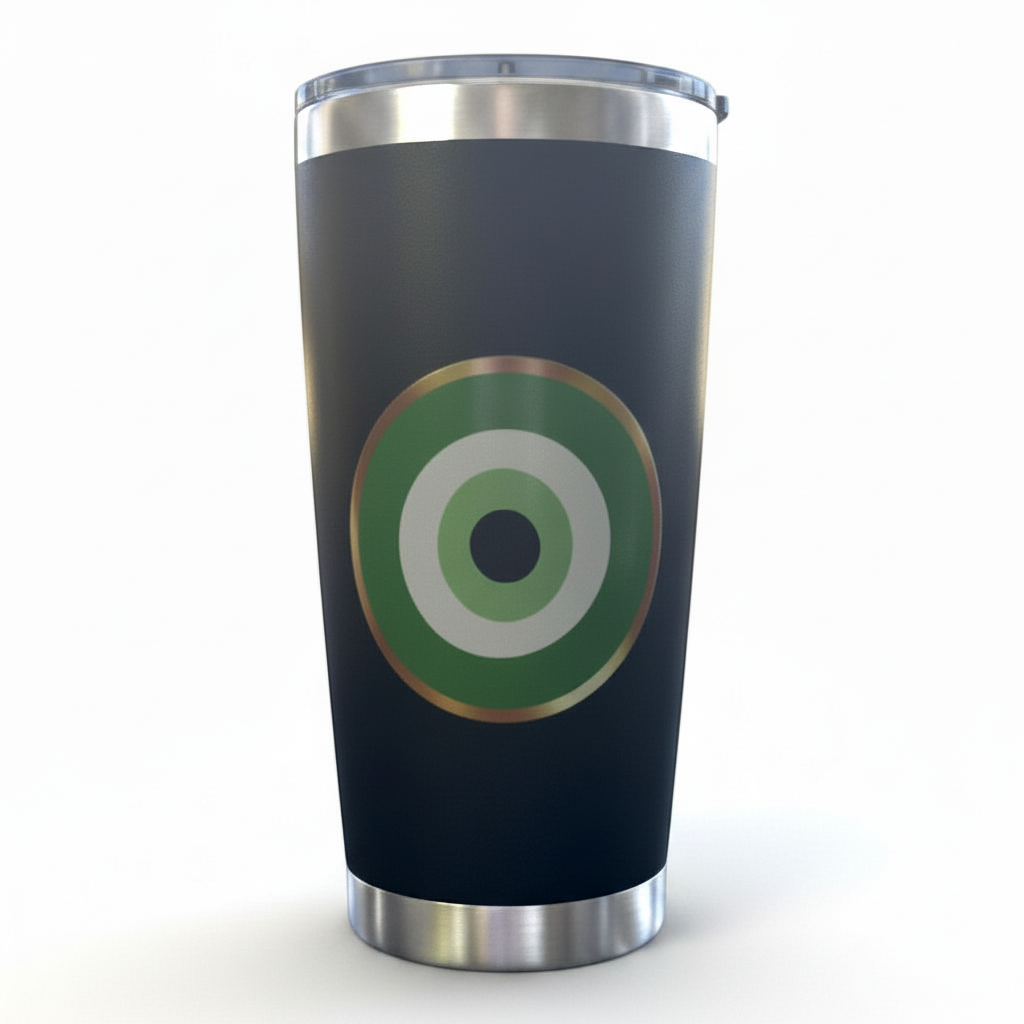 Mati Made matte black stainless steel insulated tumbler featuring a vibrant green and white evil eye emblem.