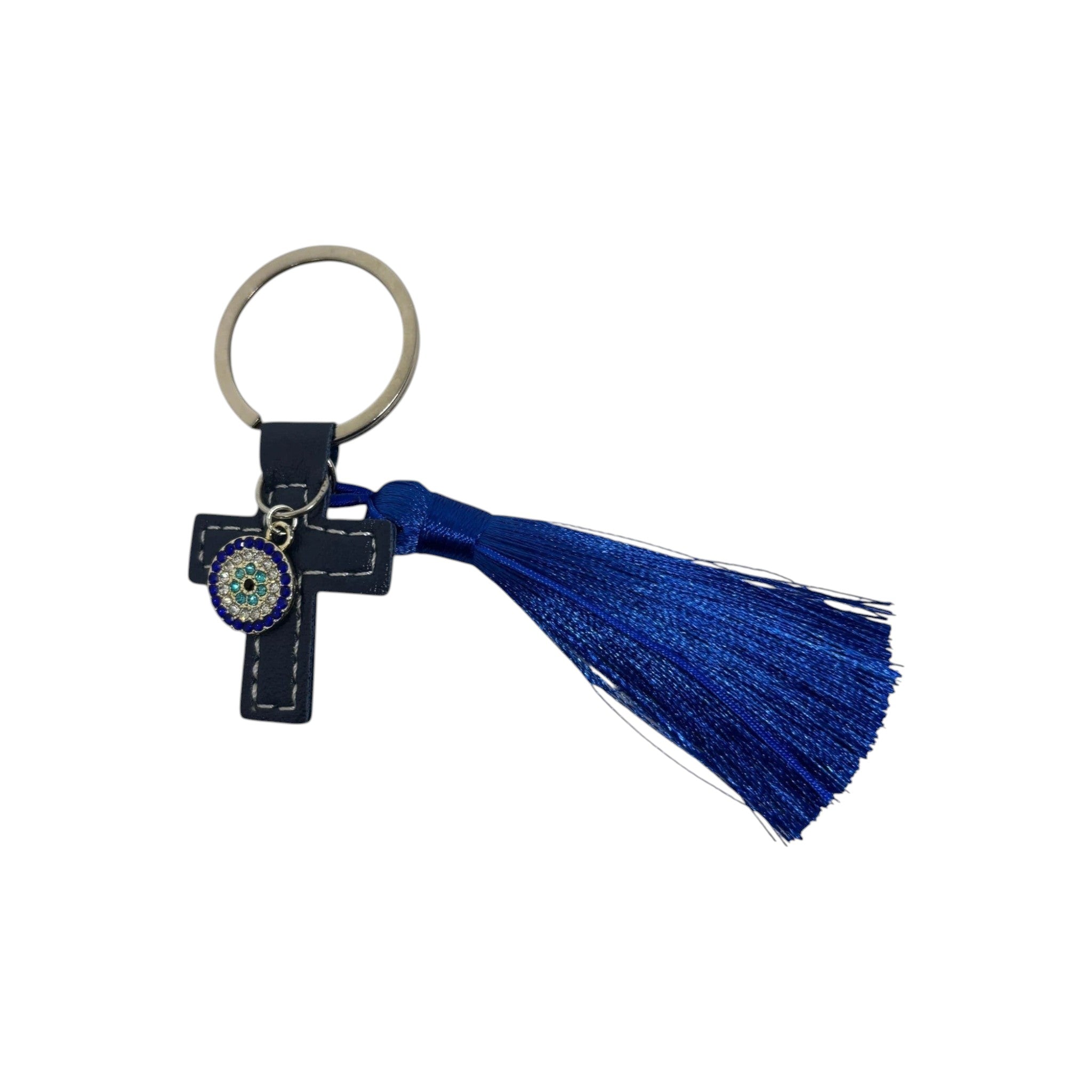 Mati Made navy blue faux leather cross keychain with white stitching, crystal evil eye charm, and blue silk tassel.